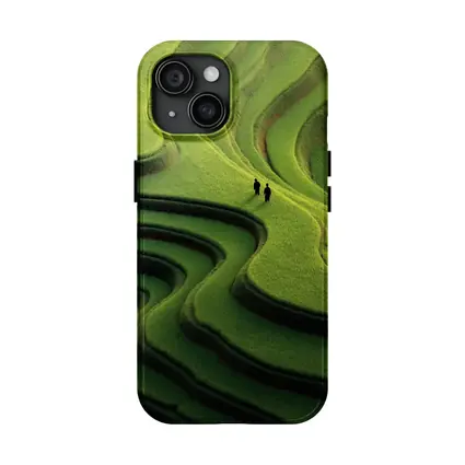 Two Figures Walking Green Rice Field Terraces