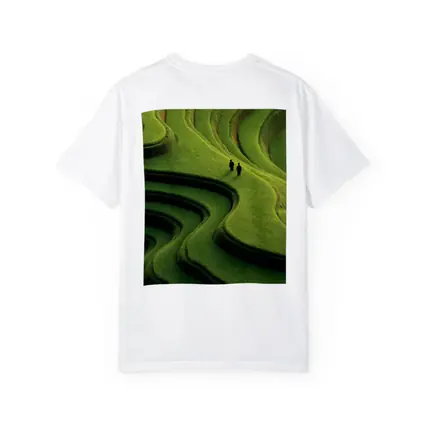 Two Figures Walking Green Rice Field Terraces