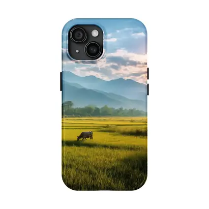 Buffalo Grazing Green Rice Fields Mountain Backdrop