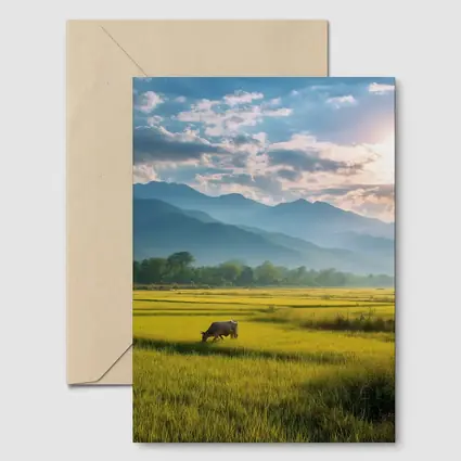 Buffalo Grazing Green Rice Fields Mountain Backdrop