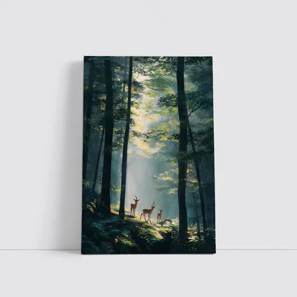 Deer Family Standing In Misty Forest