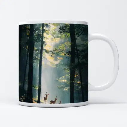 Deer Family Standing In Misty Forest