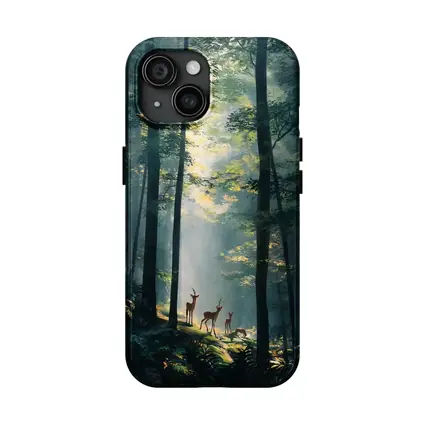 Deer Family Standing In Misty Forest