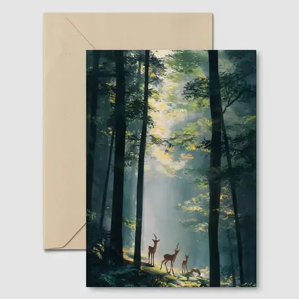 Deer Family Standing In Misty Forest