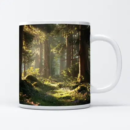 Sunlit Forest Path Through Ancient Trees