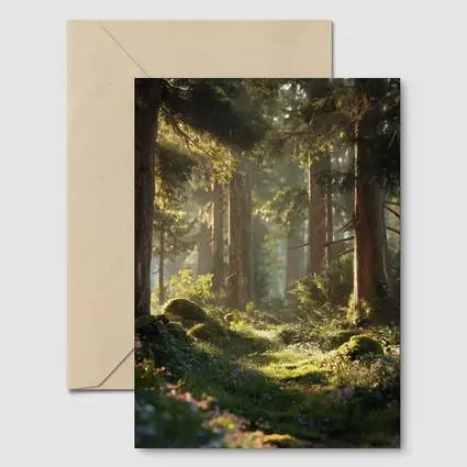 Sunlit Forest Path Through Ancient Trees