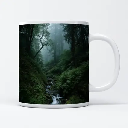Misty Forest Stream Through Tall Dark Trees