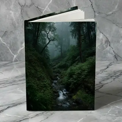 Misty Forest Stream Through Tall Dark Trees