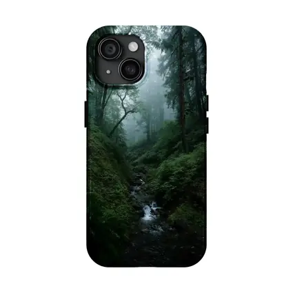 Misty Forest Stream Through Tall Dark Trees