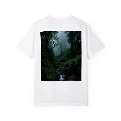 Misty Forest Stream Through Tall Dark Trees