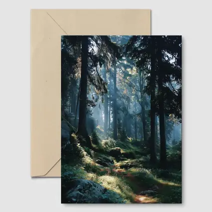 Misty Forest Path With Tall Pine Trees