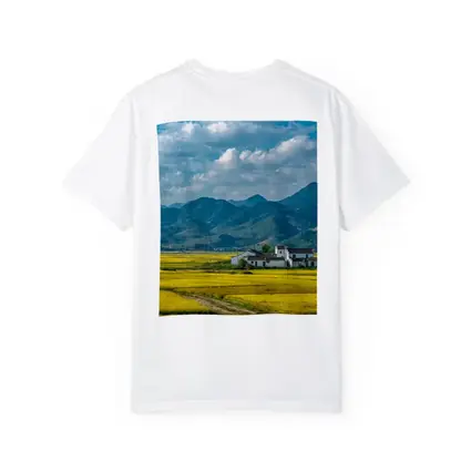 Golden Rice Fields Mountains White Farmhouse