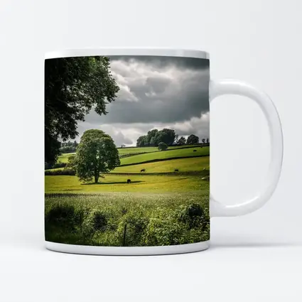Rolling Green Fields Under Stormy Cloudy Sky