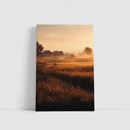 Misty Rural Village at Golden Sunrise