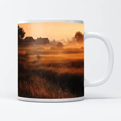 Misty Rural Village at Golden Sunrise