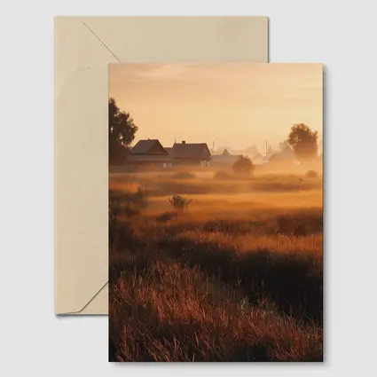 Misty Rural Village at Golden Sunrise