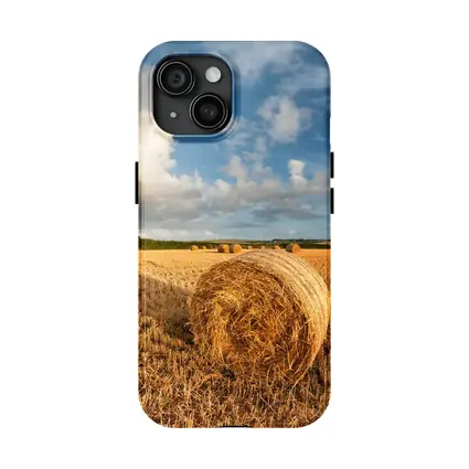 Hay Bale Golden Harvested Field Blue Sky