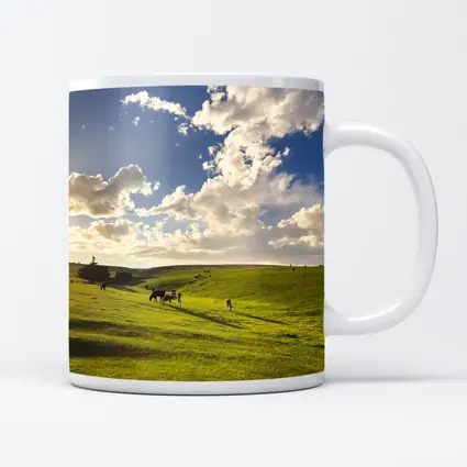 Cows Grazing Green Rolling Hills Sunny Sky