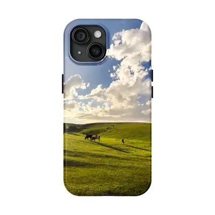 Cows Grazing Green Rolling Hills Sunny Sky