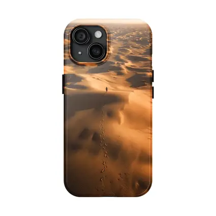 Lone Figure Walking Vast Golden Desert Dunes