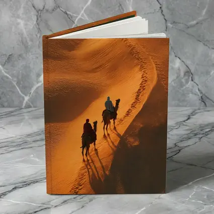 Camel Riders Crossing Golden Desert Dunes