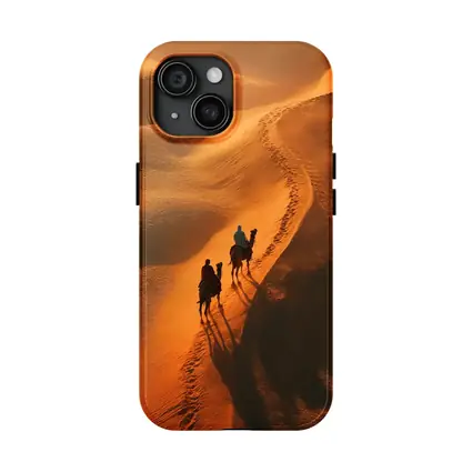 Camel Riders Crossing Golden Desert Dunes