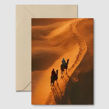 Camel Riders Crossing Golden Desert Dunes