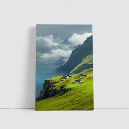 Green Cliffside Village Overlooking Dramatic Fjord