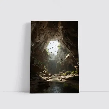 Cave Opening With Bats Flying Above