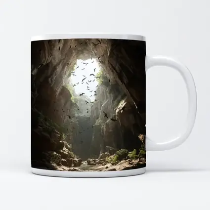 Cave Opening With Bats Flying Above