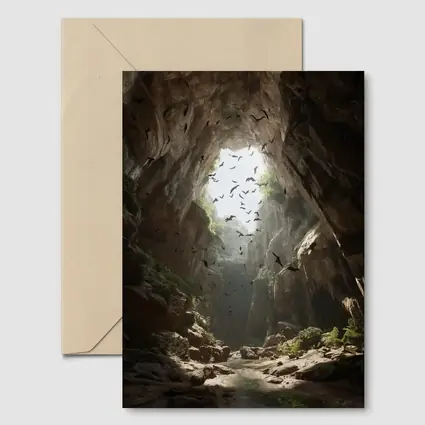 Cave Opening With Bats Flying Above