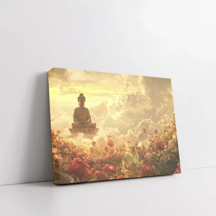 Buddha Meditating Above Golden Floral Clouds