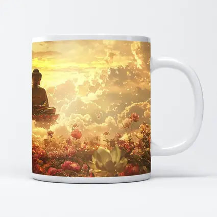 Buddha Meditating Above Golden Floral Clouds