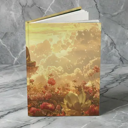 Buddha Meditating Above Golden Floral Clouds