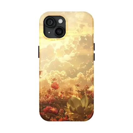 Buddha Meditating Above Golden Floral Clouds