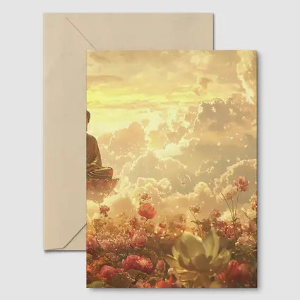Buddha Meditating Above Golden Floral Clouds