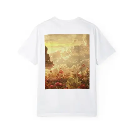 Buddha Meditating Above Golden Floral Clouds