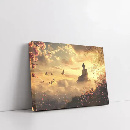 Buddha Statue Golden Sky Cherry Blossoms