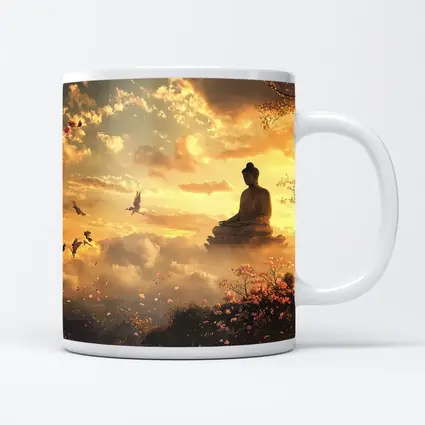 Buddha Statue Golden Sky Cherry Blossoms
