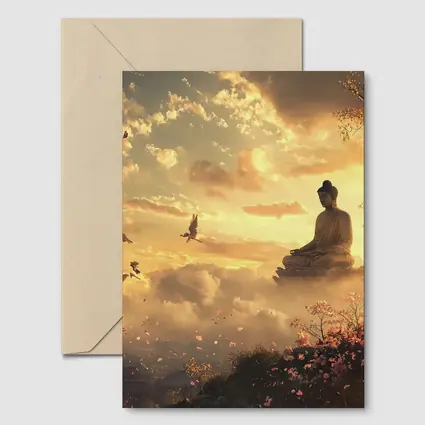 Buddha Statue Golden Sky Cherry Blossoms