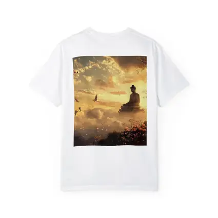 Buddha Statue Golden Sky Cherry Blossoms