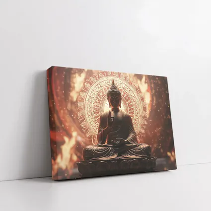 Golden Buddha Statue Glowing Mandala Background