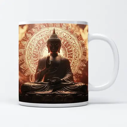 Golden Buddha Statue Glowing Mandala Background