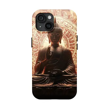 Golden Buddha Statue Glowing Mandala Background