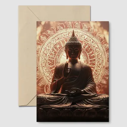 Golden Buddha Statue Glowing Mandala Background