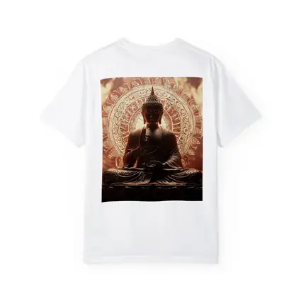 Golden Buddha Statue Glowing Mandala Background