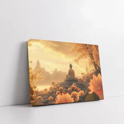 Buddha Meditating Golden Lotus Flowers Landscape
