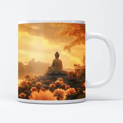 Buddha Meditating Golden Lotus Flowers Landscape