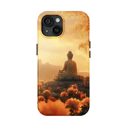 Buddha Meditating Golden Lotus Flowers Landscape