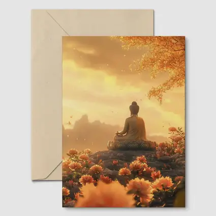 Buddha Meditating Golden Lotus Flowers Landscape